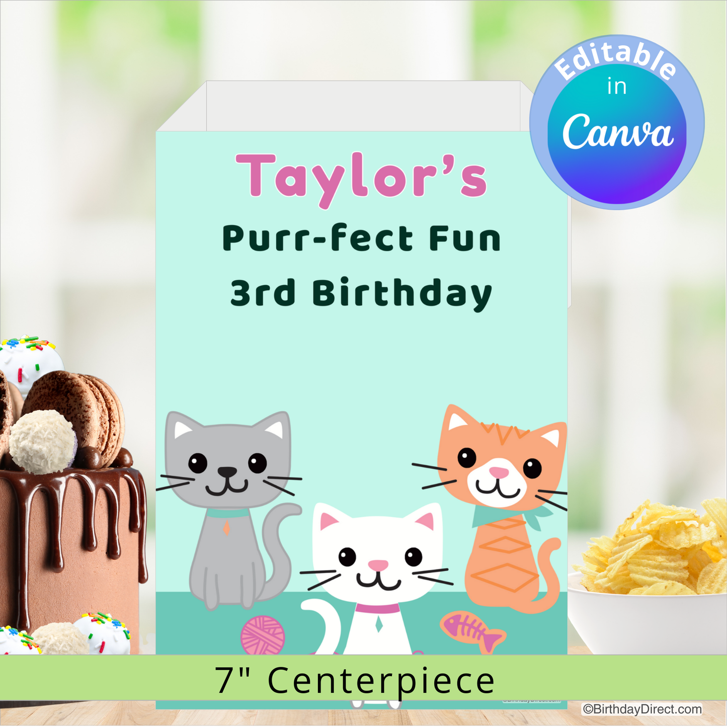 Birthday centerpiece decoration with cute cats and editable text in Canva, surrounded by party snacks.