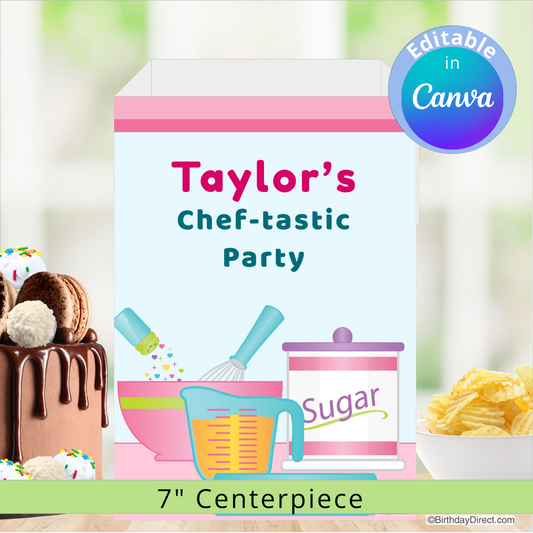 Party centerpiece with 'Taylor's Chef-tastic Party' text, colorful kitchen utensils, and a cake.