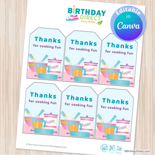 Sheet of 'Thanks for cooking fun' labels with a mixer design on a wooden surface.