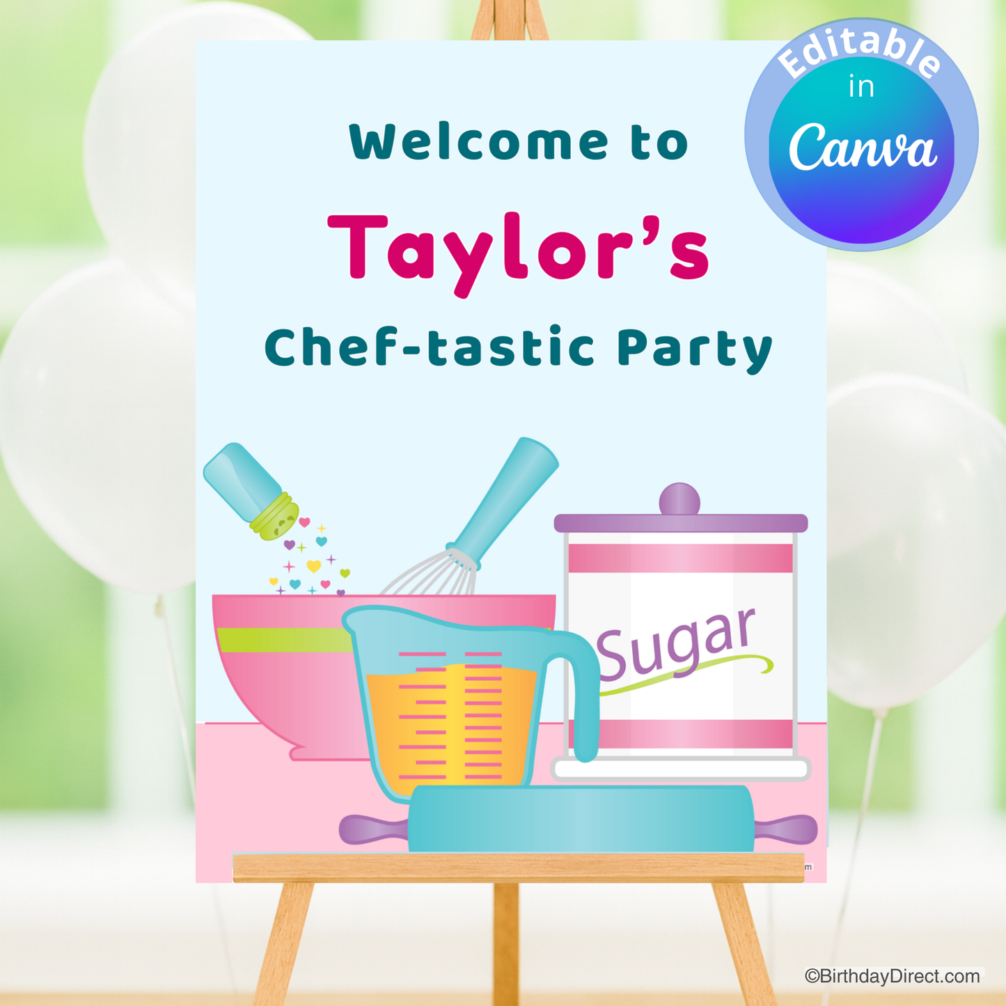 Party poster with kitchen utensils and 'Taylor's Chef-tastic Party' text on a light blue background.