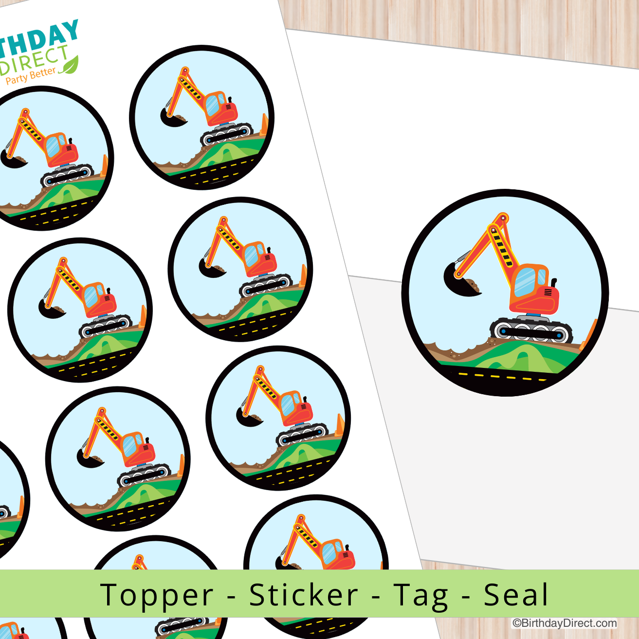 Construction vehicle-themed stickers on a white background with 'Birthday Direct' branding.