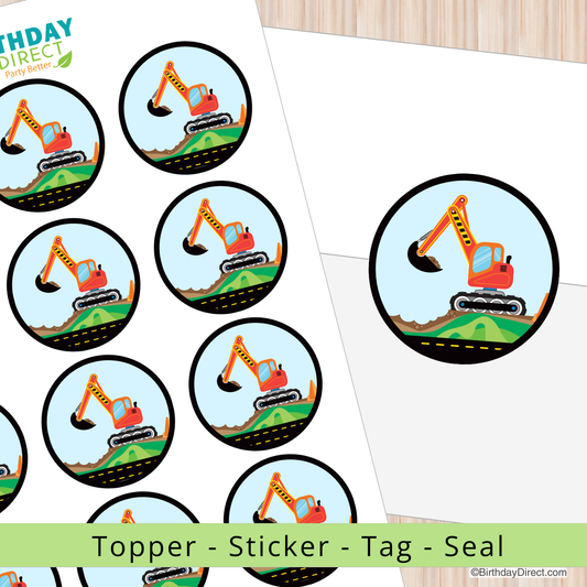 Construction vehicle-themed stickers on a white background with 'Birthday Direct' branding.