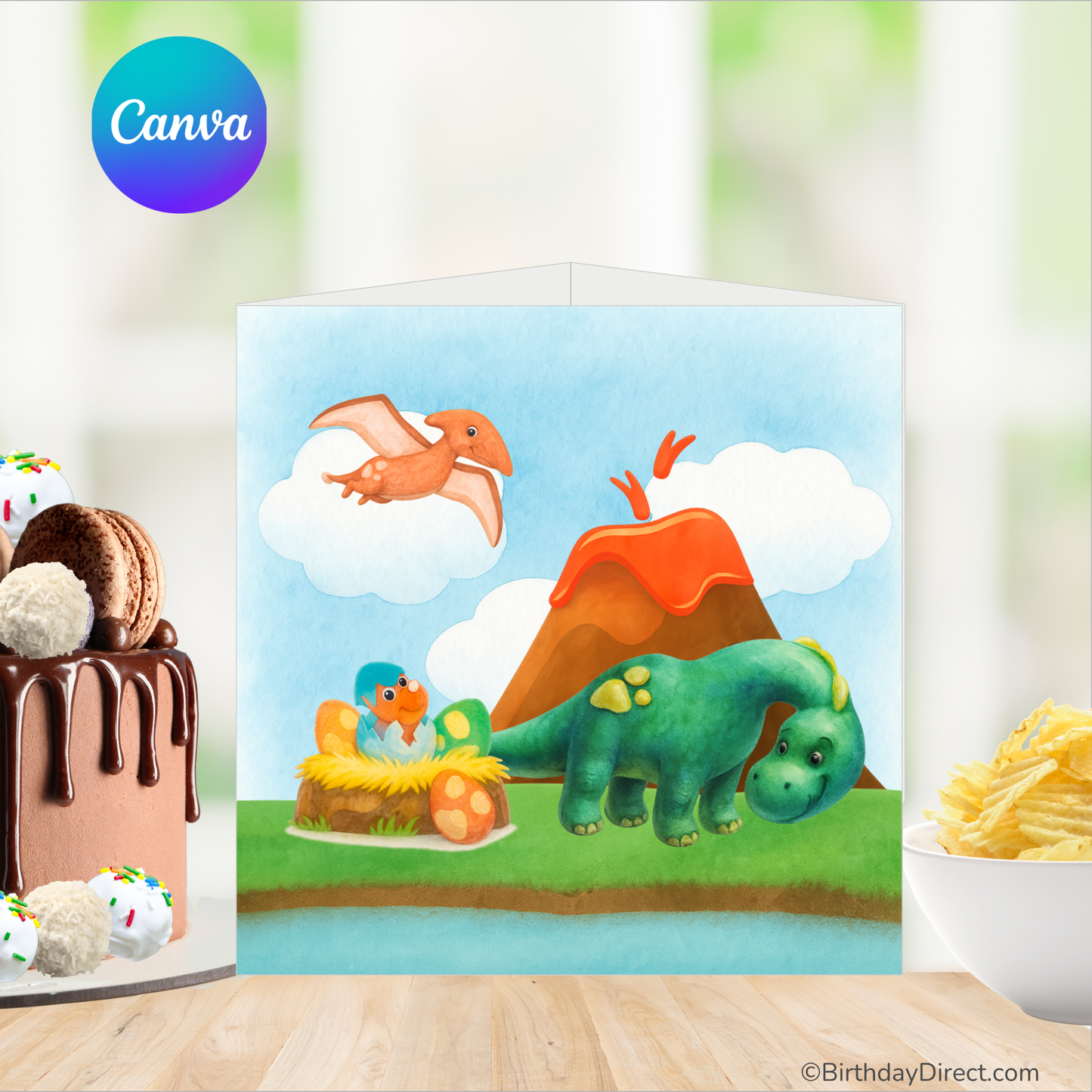 Children's birthday centerpiece with dinosaurs and a volcano, featuring the Canva logo.