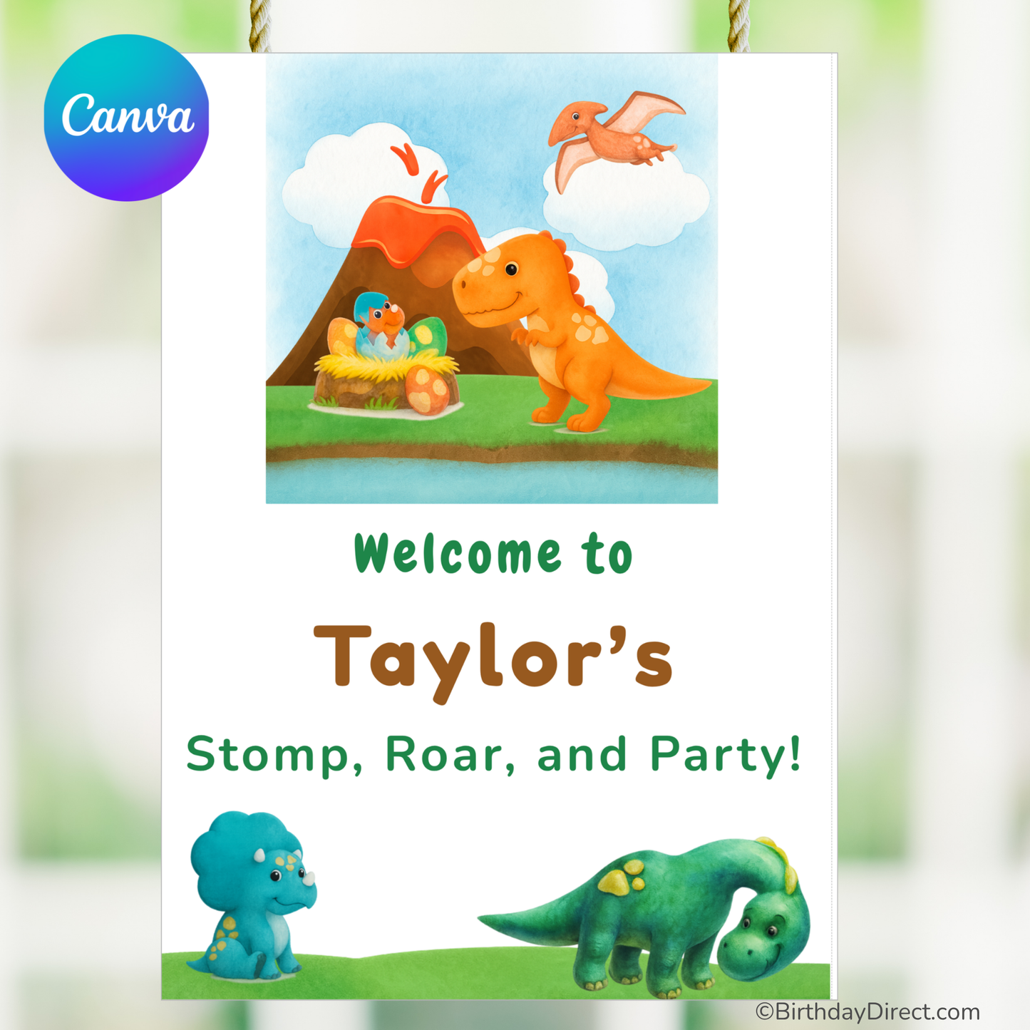 Children's birthday party welcome poster with colorful dinosaurs and 'Canva' branding.