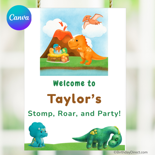 Children's birthday party welcome poster with colorful dinosaurs and 'Canva' branding.