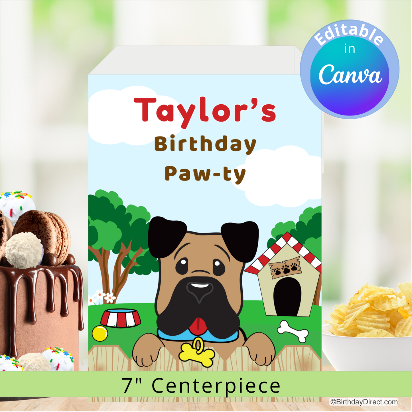 Birthday party centerpiece with a dog illustration and editable text in Canva.