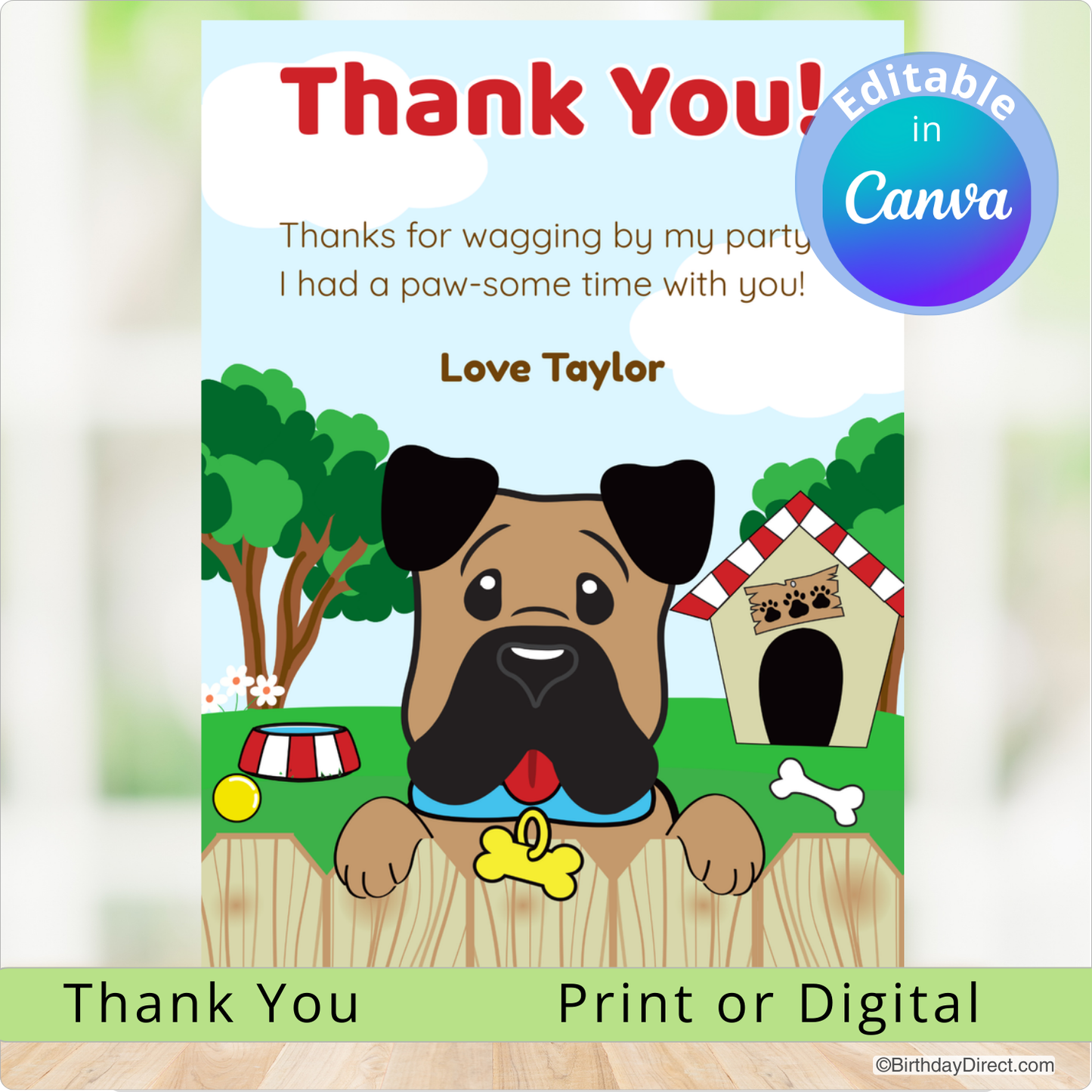 Children's party thank you card with a cartoon dog, editable in Canva, on a white background.