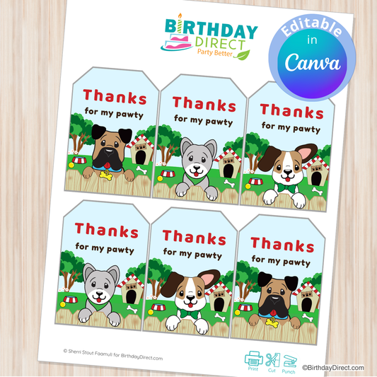 Sheet of 'Thanks for my pawty' dog-themed party favor tags from Birthday Direct on a wooden surface.