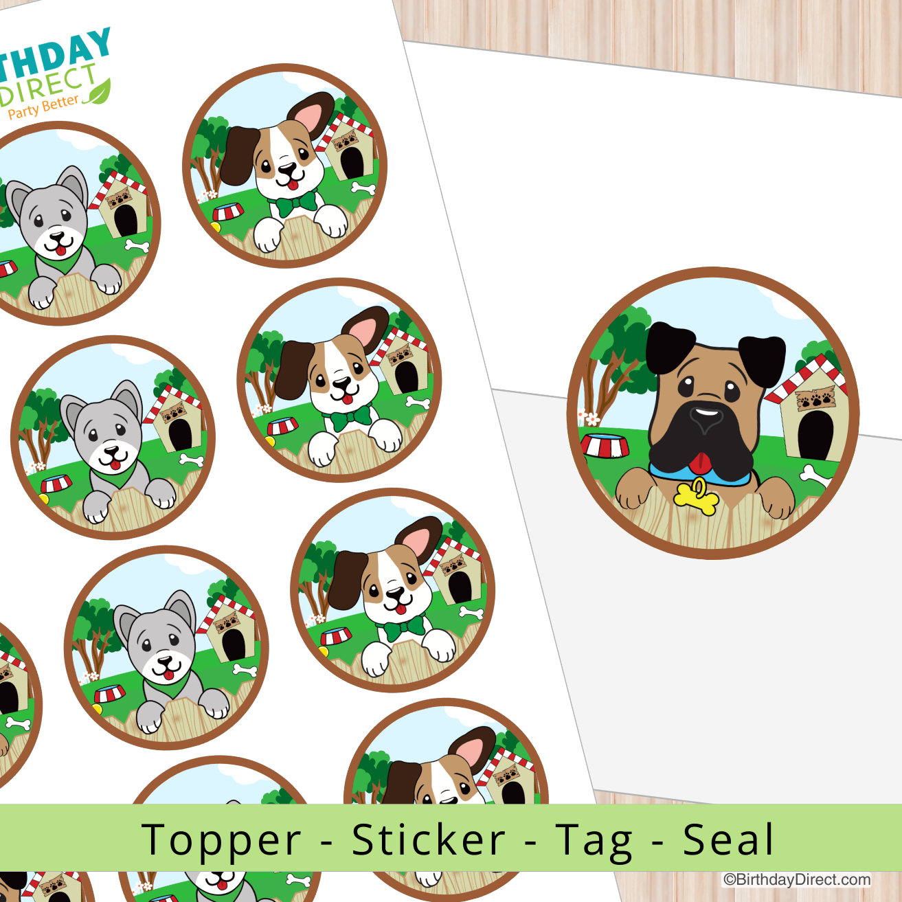 Set of dog-themed toppers, stickers, tags, and seals on a white background with 'Birthday Direct' branding.