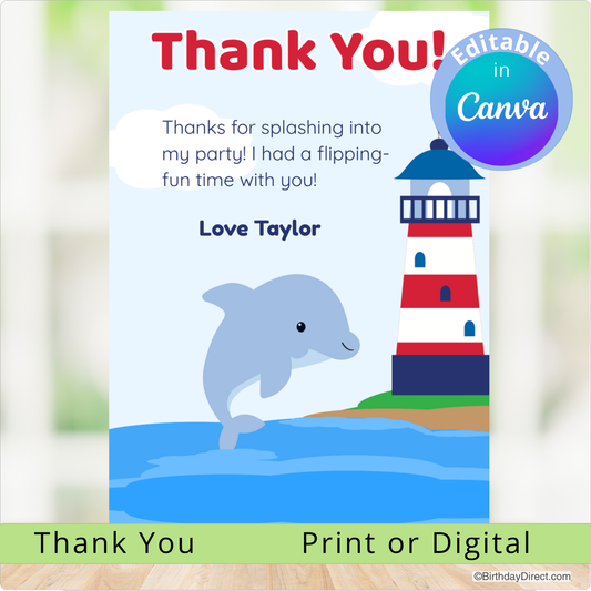 Thank you card with a dolphin and lighthouse design, featuring editable text in Canva.