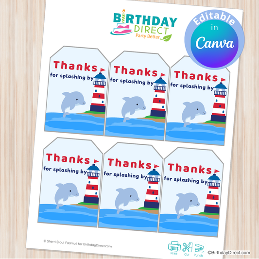 Set of printable party favor tags with dolphins and lighthouses on a white background.