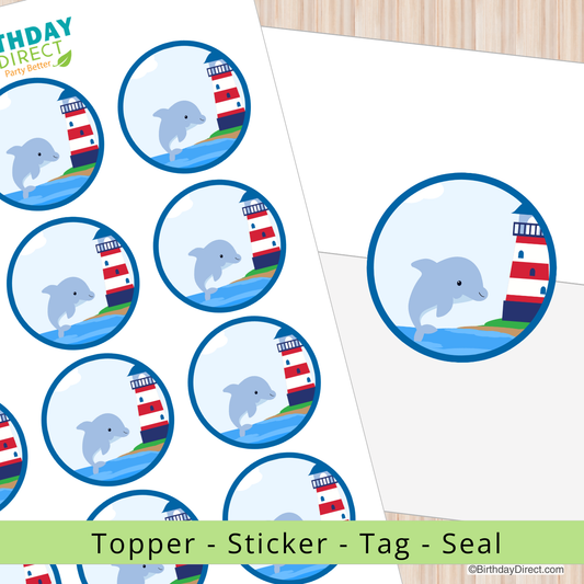 Stickers with dolphins and lighthouses on a white background, featuring Birthday Direct branding.