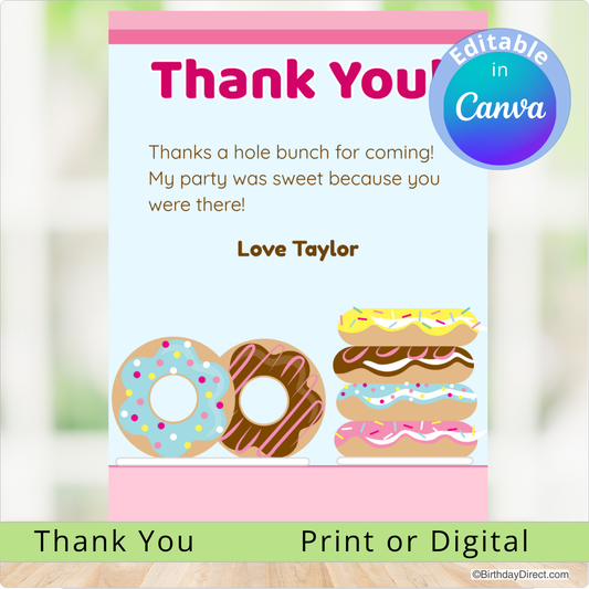 Thank you card with donut illustrations and editable text feature on a blurred background
