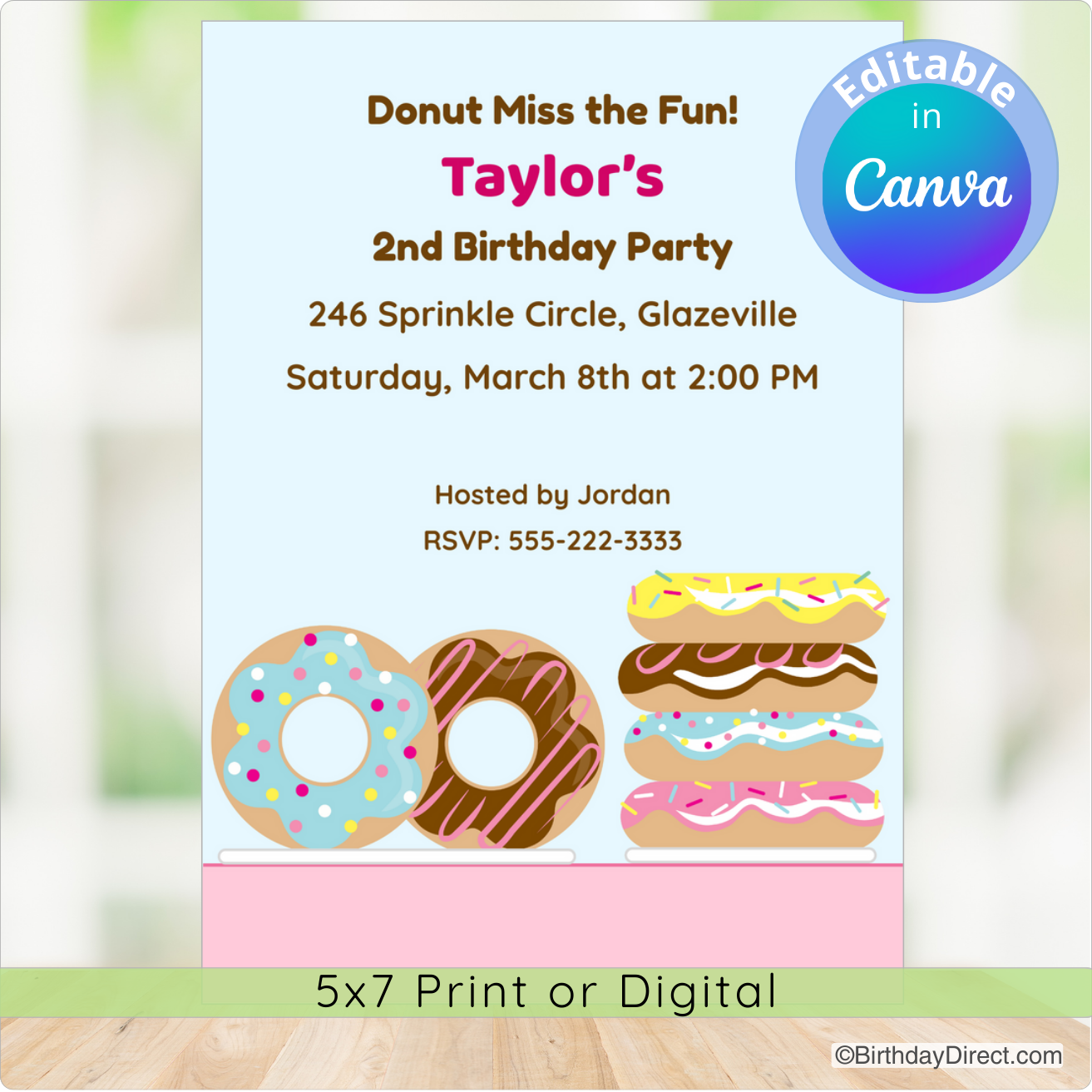 Birthday party invitation with donut graphics and editable text on a light blue background.