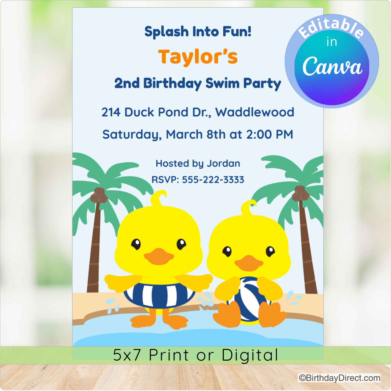 Birthday party invitation with two yellow rubber ducks and palm trees on a blue background.
