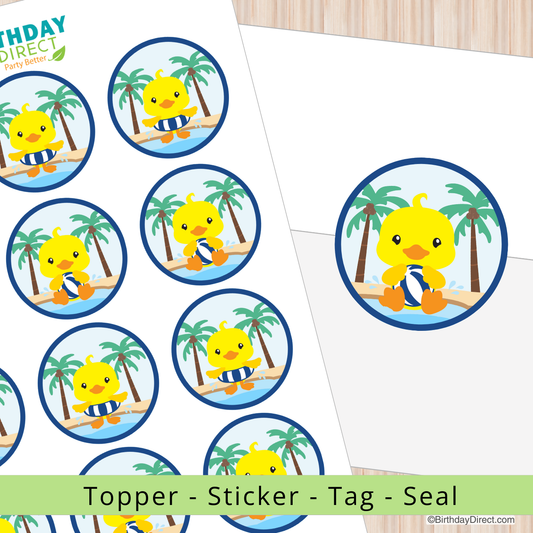 Circular stickers with a yellow duck character on a white background