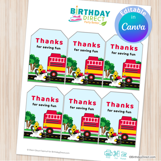 Sheet of 'Thanks for saving fun' fire truck-themed thank you cards from Birthday Direct on a wooden surface.
