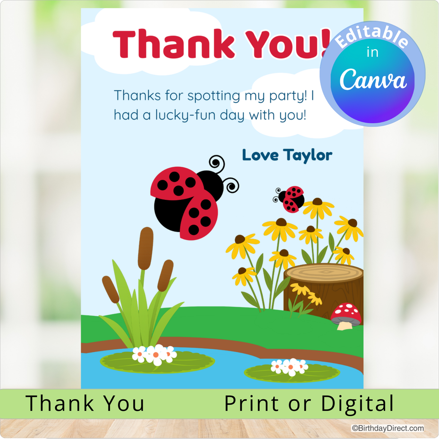 Thank you card with ladybug design and editable text feature