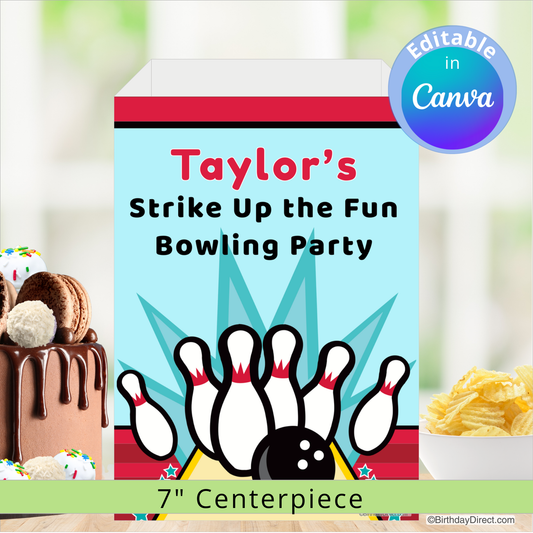 Bowling-themed party centerpiece with text 'Taylor's Strike Up the Fun Bowling Party' on a blurred background of snacks and a cake.