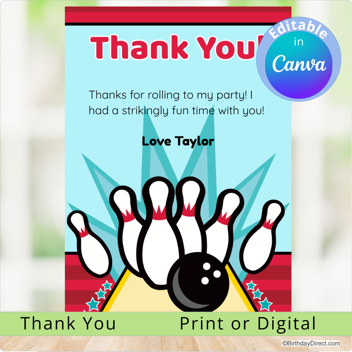 Bowling-themed thank you card with a ball and pins design, featuring text and Canva branding.