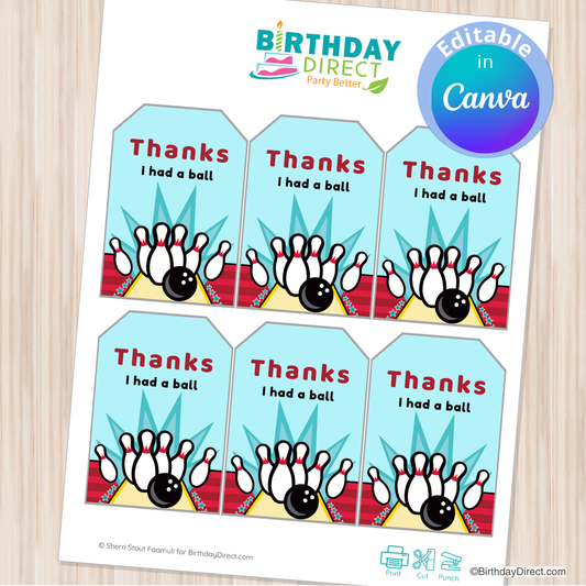 Set of six 'Thanks I had a ball' bowling-themed gift tags from Birthday Direct on a wooden surface.