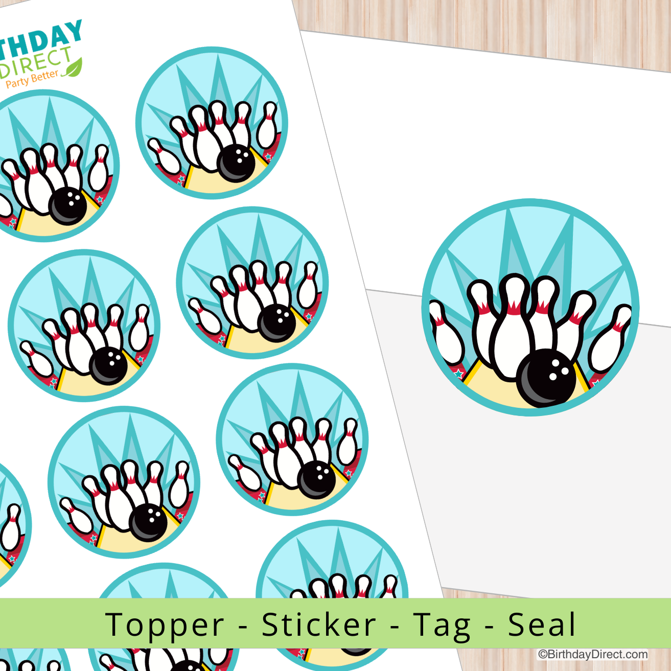 Bowling-themed stickers on a white background with 'Birthday Direct' branding.