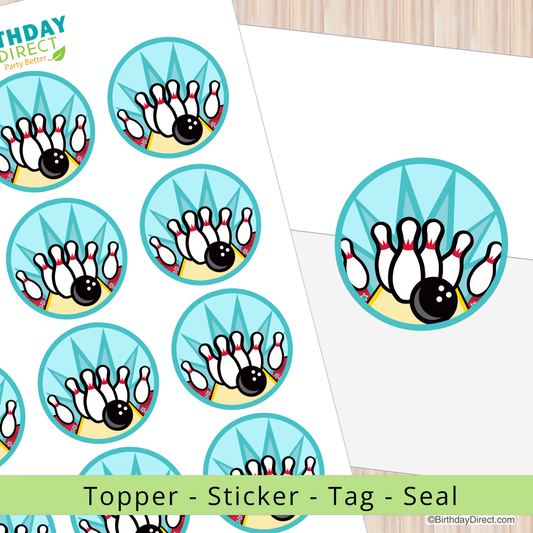 Bowling-themed stickers on a white background with 'Birthday Direct' branding.