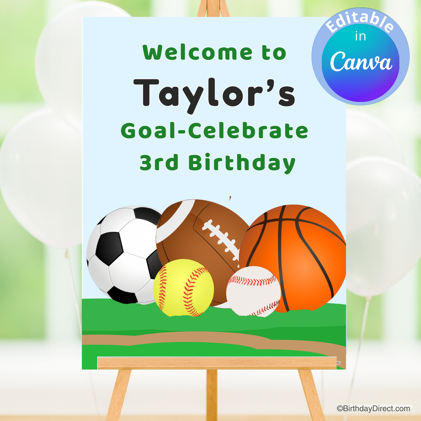 Birthday party poster with sports-themed elements on a stand, featuring editable text in Canva.