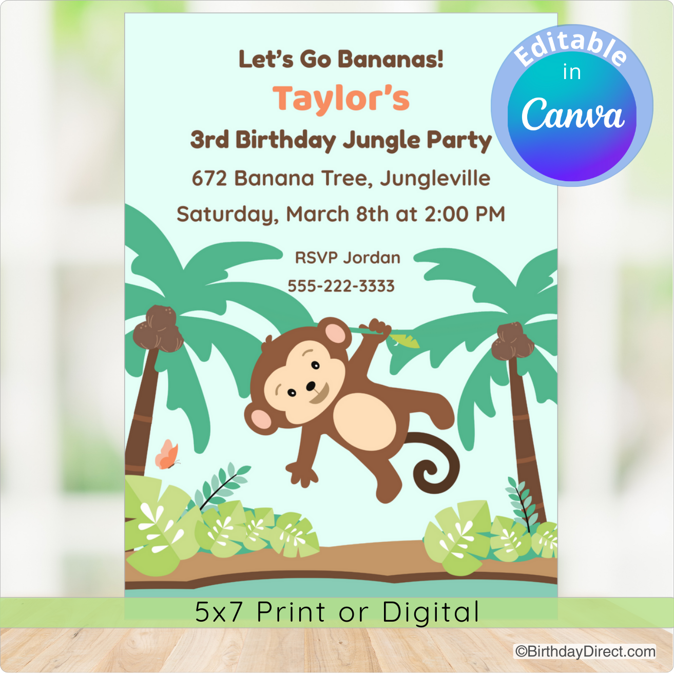 Birthday party invitation with monkey and palm trees, featuring editable text in Canva.