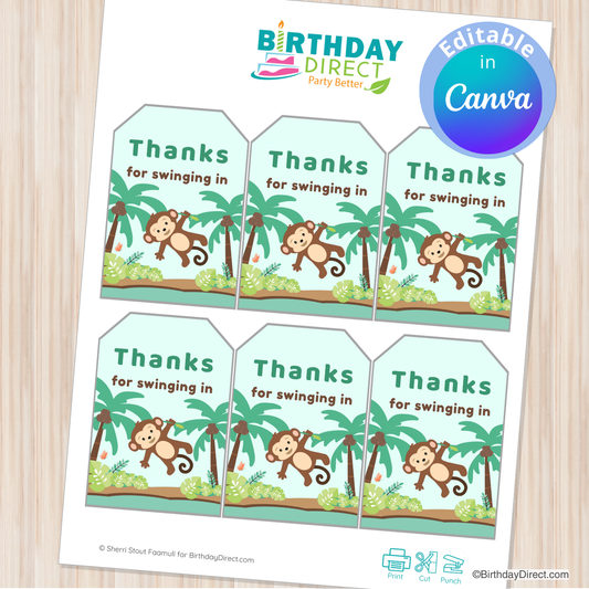 Set of six 'Thanks for swinging in' monkey-themed tags from Birthday Direct on a wooden surface.