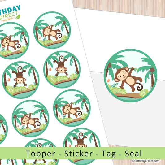 Circular monkey-themed toppers with palm trees on a white background, featuring Birthday Direct branding.