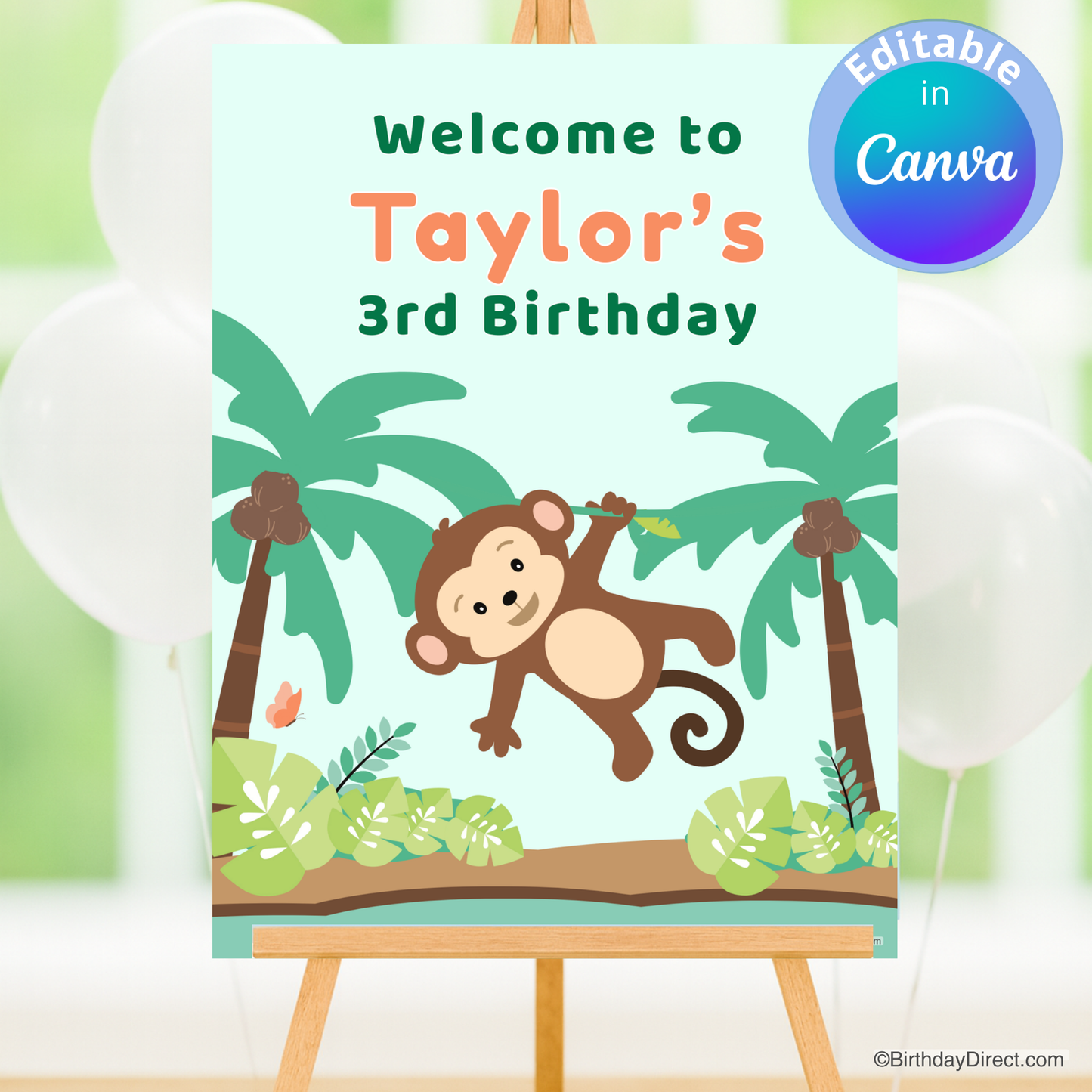 Birthday party poster with a monkey and palm trees on a green background, featuring 'Welcome to Taylor's 3rd Birthday' text.