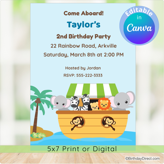Birthday party invitation with cartoon animals on a boat, palm tree, and beach.