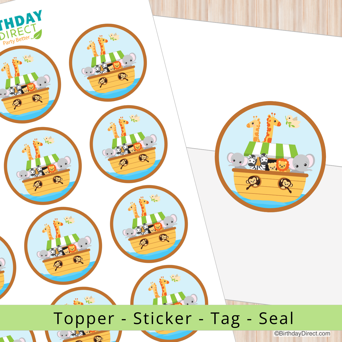 Noah's Ark stickers with cartoon animals on a white background, featuring Birthday Direct branding.