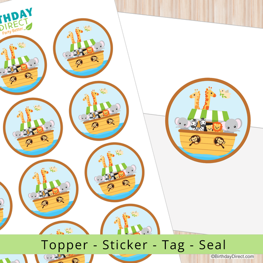 Noah's Ark stickers with cartoon animals on a white background, featuring Birthday Direct branding.