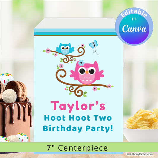 Birthday party centerpiece with owls and editable text in Canva, surrounded by snacks and a cake.