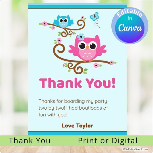 Thank you card with colorful owls and editable text feature on a light blue background.