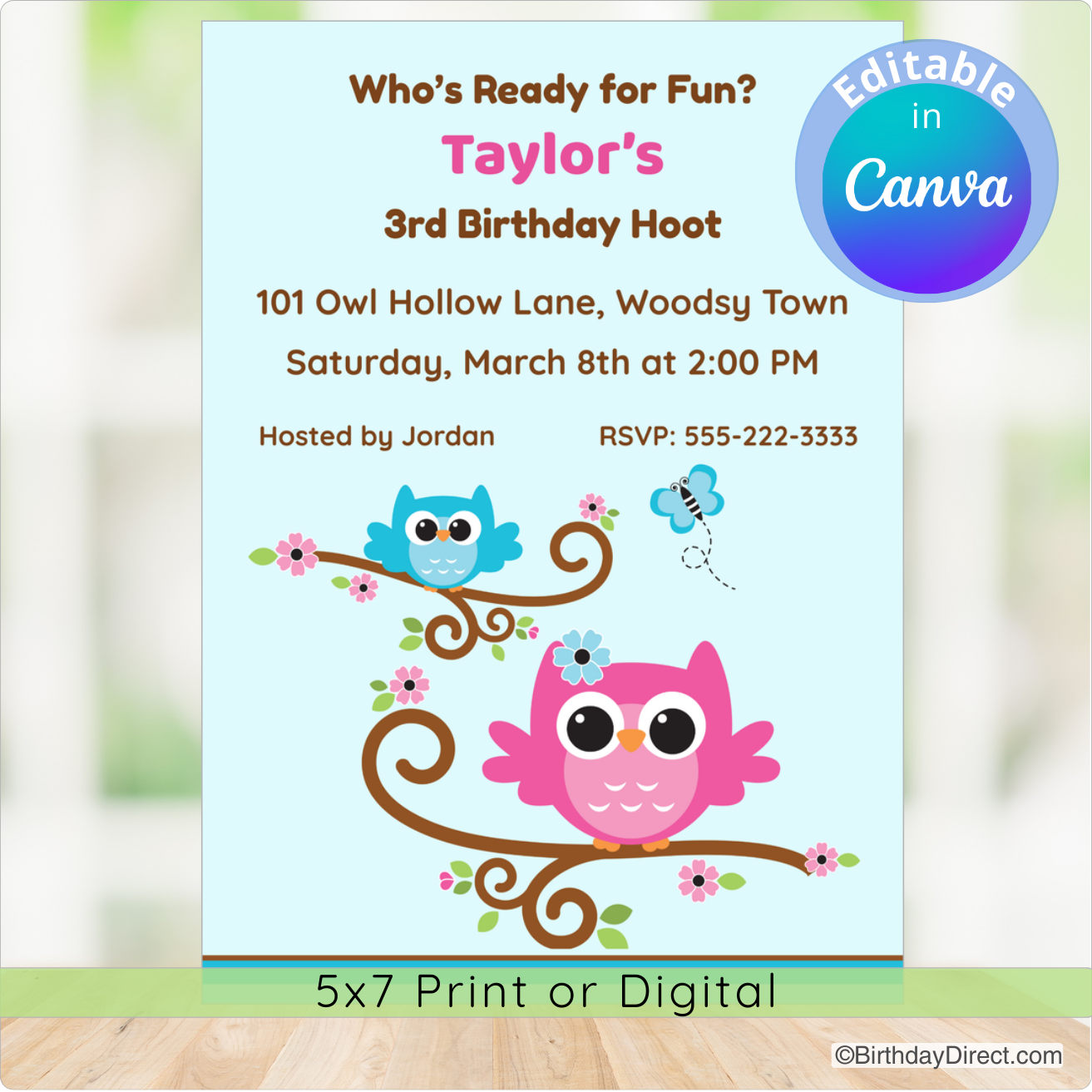 Birthday invitation card with cartoon owls on a branch, featuring text for Taylor's third birthday party.