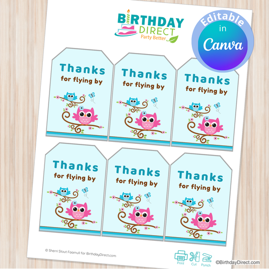 Sheet of 'Thanks for flying by' birthday party favor tags with owls on a wooden surface.