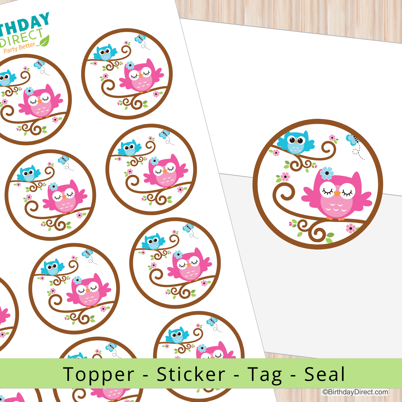 Cartoon owl toppers on a white background with 'Birthday Direct' branding.