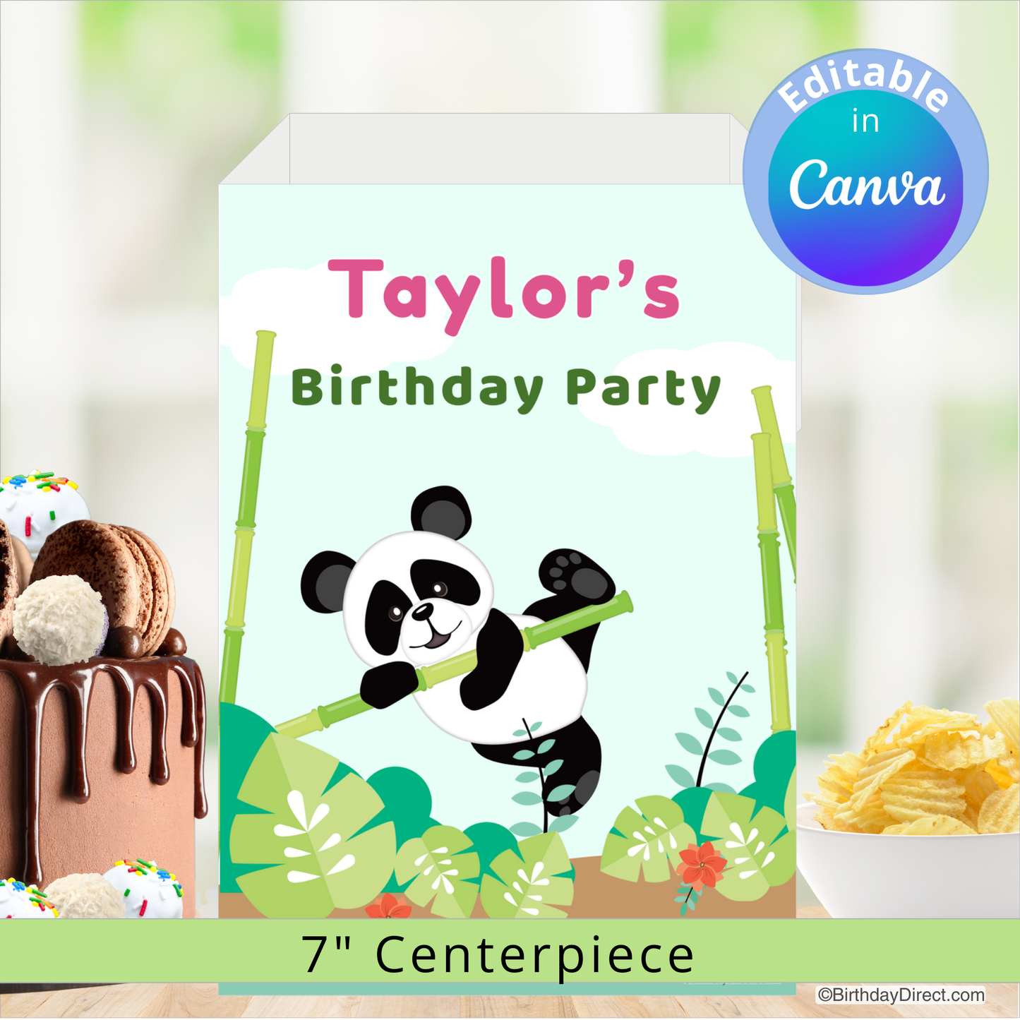 Birthday party centerpiece with panda design and editable text in Canva.