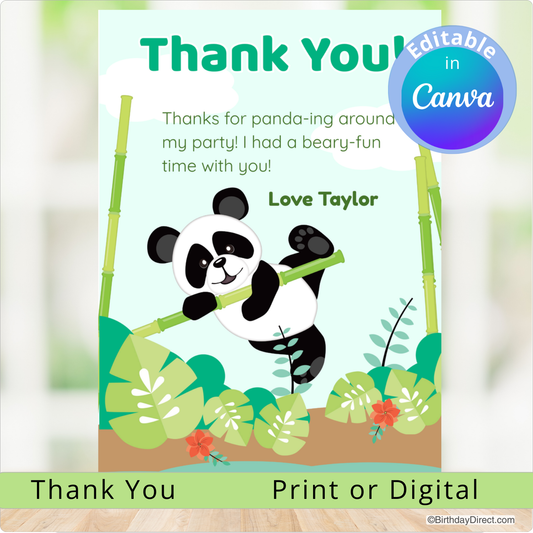 Thank you card with a panda design and editable text feature.
