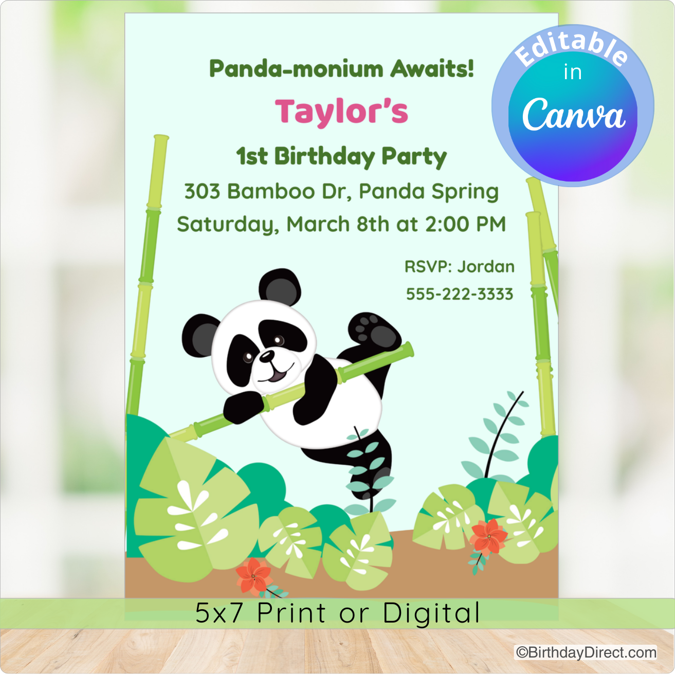 Birthday party invitation with a panda design on a light green background