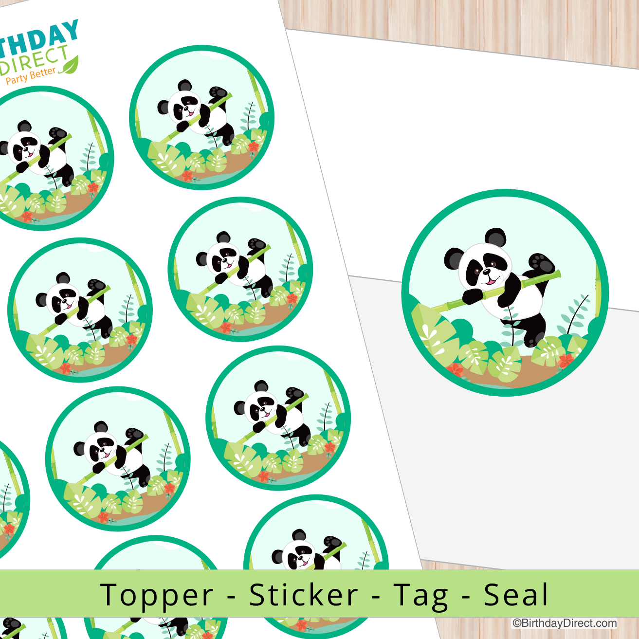 Panda-themed topper, sticker, tag, and seal with 'Birthday Direct' branding on a white background.