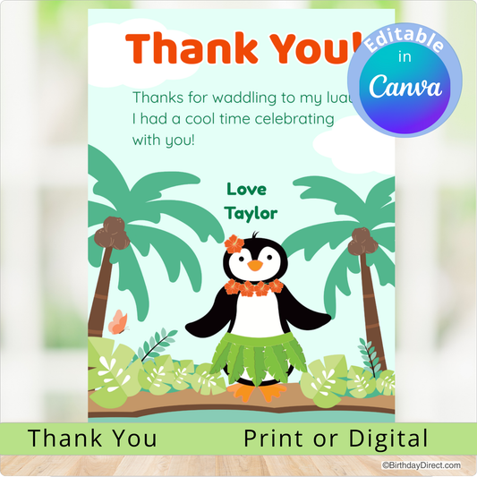 Thank you card with a penguin in a hula outfit and palm trees on a light green background.