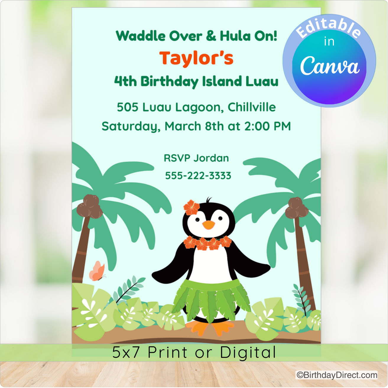Birthday invitation with a penguin in a hula outfit and palm trees on a light blue background.
