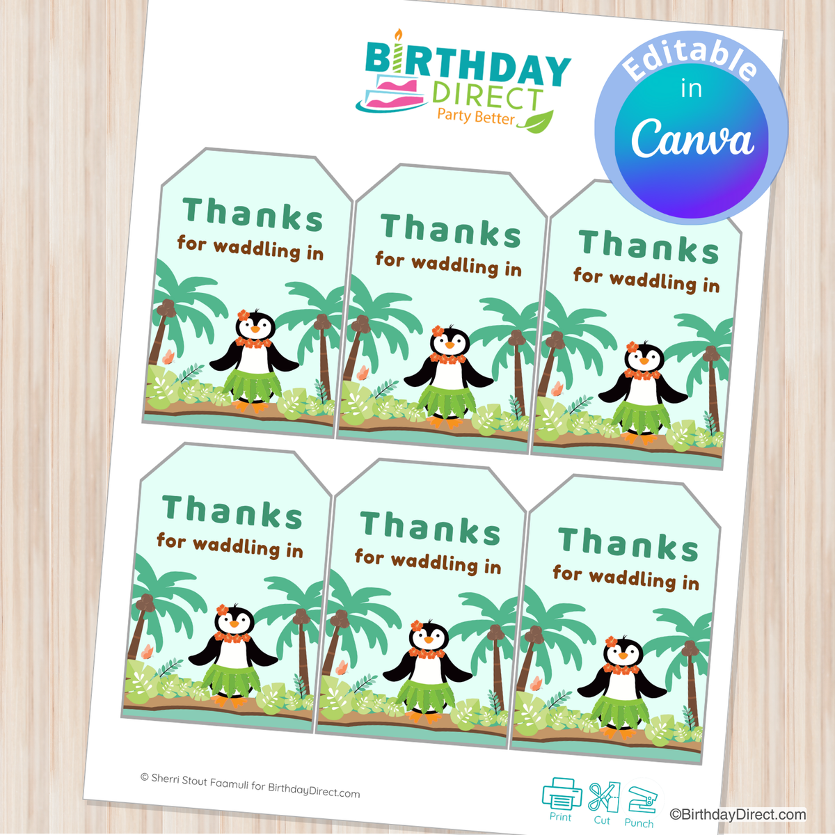 Set of six 'Thanks for waddling in' cards with penguin characters on a white background.