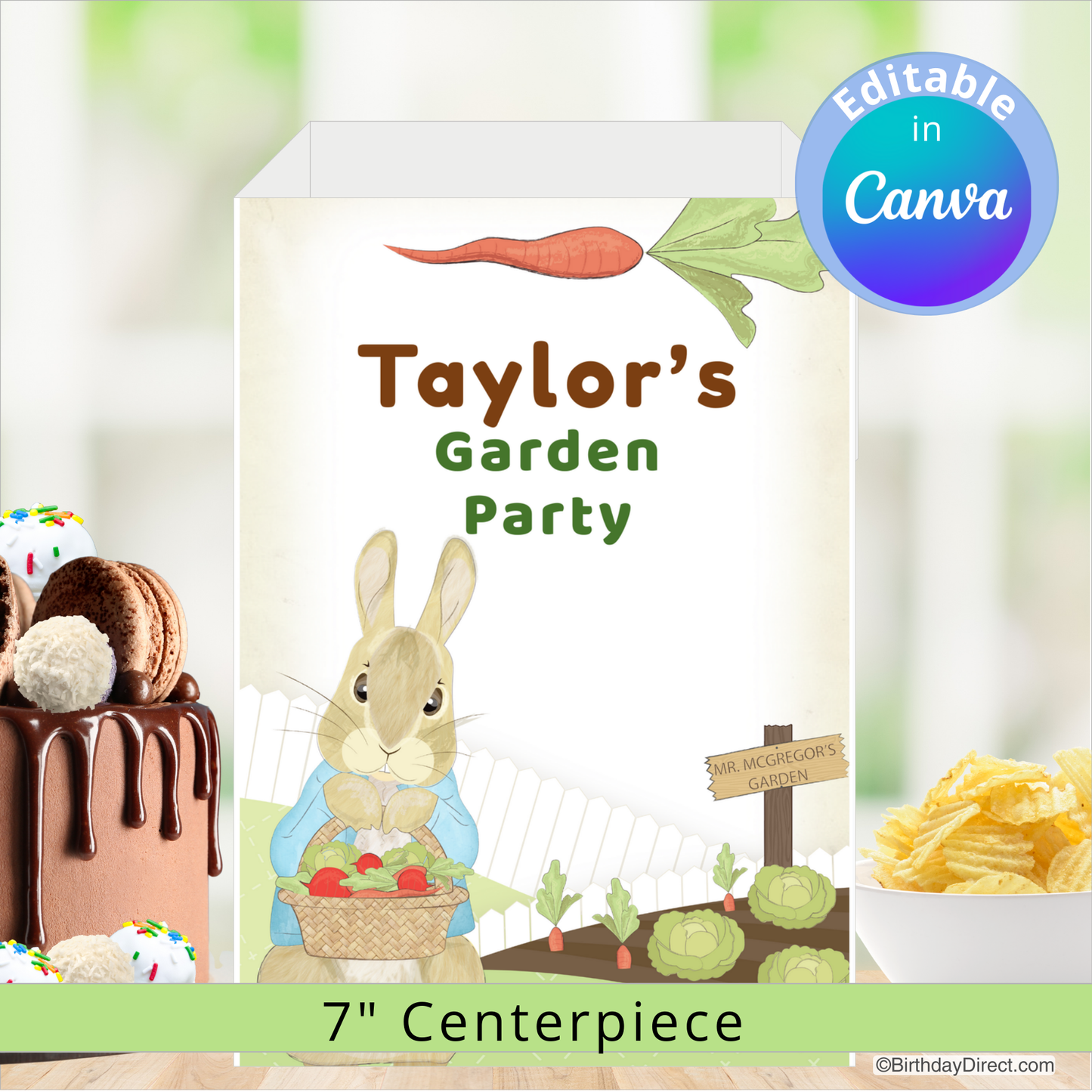 Children's party centerpiece with rabbit illustration and text 'Taylor's Garden Party' on a blurred background.