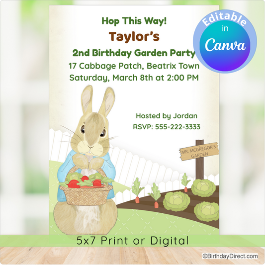 Birthday party invitation with a rabbit holding a basket of vegetables, set against a garden background.
