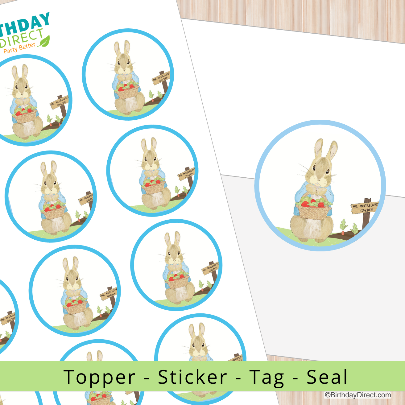 Set of Peter Rabbit-themed toppers, stickers, tags, and seals on a white background with 'Birthday Direct' branding.
